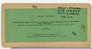 STEREOVIEW PHOTOGRAPH E.  T.  ANTHONY CIVIL WAR VIEWS DEAD REBEL FT DAMNATION 28 2