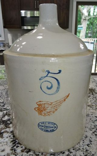 Red Wing Large Wing 5 Gallon Crock Jug Stoneware Pottery Vtg Antique