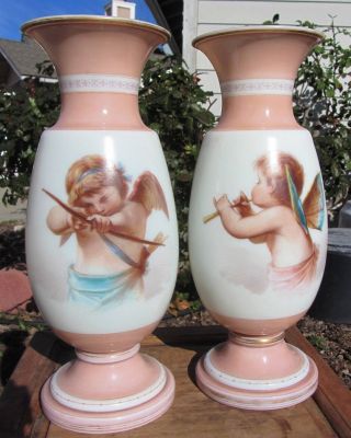 Pair Very Fine Bristol Glass W/ Cherubs Vases Hand Painted Antique French