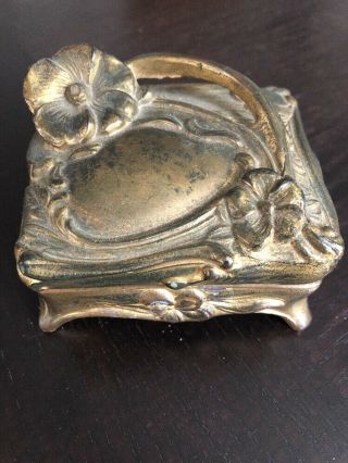 Antique Art Nouveau Repousse’ Brass Footed Jewelry Casket Trinket Box