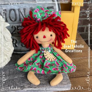 Primitive Raggedy Ann Doll Annie Summer Watermelon Tag 12”
