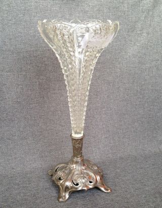 Big Antique French Vase Silver Plated Metal Crystal Early 1900 