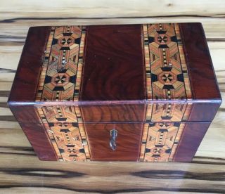 Antique Victorian Walnut Timber Marquetry Wooden Inlaid Tea Caddy Box With Key