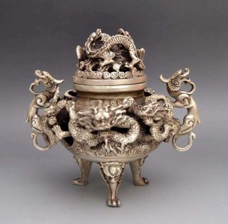China Old Copper Plating Silver Carved Dragon Incense Burner W Qianlong Mark E02
