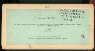 STEREOVIEW PHOTOGRAPH E.  T.  ANTHONY CIVIL WAR VIEWS PICKET LINE FORT MAHONE VA 24 2