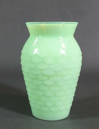 1930 Art Deco French Jadeite Milk Green Glass Small Bud Vase Fish Skin Pattern