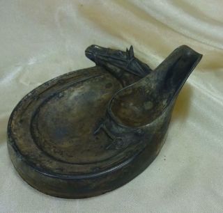 Antique Rare Jennings Bros Spelter Ashtray & Pipe Rest Horseshoe & Horse Head