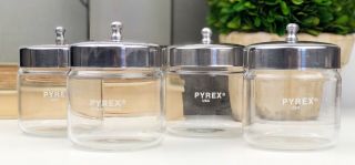 (4) Vintage Pyrex Medical Glass Apothecary Canister Patina Stainless Steel Lid