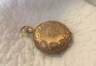 Antique Detailed Scrolled 14k Yellow Gold Elgin Ladies Pocket Watch Engraved