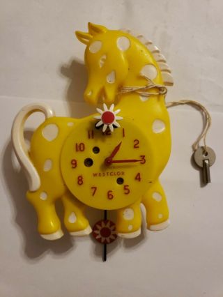 Lux Westclox Yellow Horse Miniature Pendulette Clock Vintage 1950 
