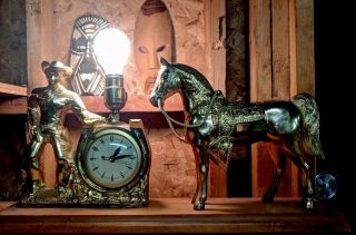 Retro United Self Starting Vintage Cowboy Table Clock & Lamp