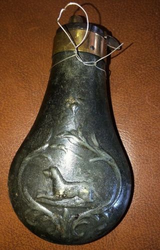 Antique Powder Flask Hunting Zinc Double Sided Dogs 5”