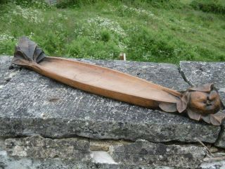 19thc Signed Oak Carved Tray With Apple & Leaf Carved To Each End