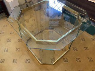 Vintage 70s / 80s Italian Brass Bound Heavy Glass Coffee Table With Glass Top