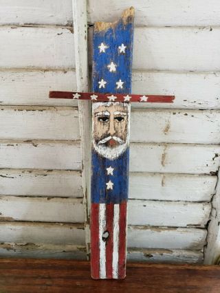 Primitive Folk Art Americana Uncle Sam Hand Painted Usa Flag Stars Stripes Wood