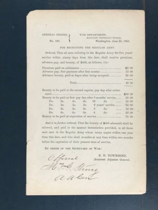 Civil War Official Union Army Recruiting Pay Document Circular Historic Ephemera