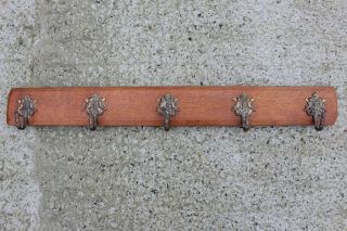 Large Antique Oak Wooden Coat Hat Wall Rack With 5 Brass Angel Hooks