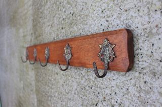 Large Antique Oak Wooden Coat Hat Wall Rack with 5 Brass Angel Hooks 3