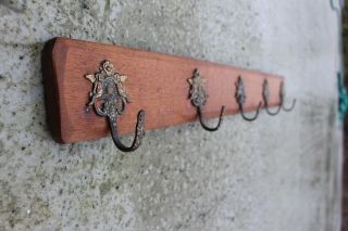 Large Antique Oak Wooden Coat Hat Wall Rack with 5 Brass Angel Hooks 4