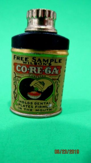 Vintage Medicine Denture Powder Sample Tin,  Corega Powder Collectible Tin