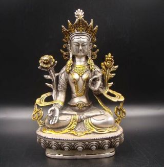 Old Tibet Silver Collectible Handmade Carving Tara Buddha Statue