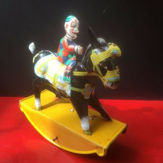 Vintage Gama Germany Tin Wind Up Circus Clown On Rocking Donkey