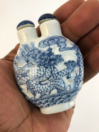 17th Century Antique Chinese Blue & White 5 Claw Dragon Snuff Bottle Signed 