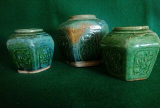 3 Antique Chinese Green Glazed Shiwan Clay Pottery 6 Sided Ginger Spice Jars