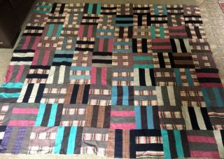 Antique 1920 ' s LOG CABIN PATCH WORK Quilt Top Wool Cotton Flannel 80 