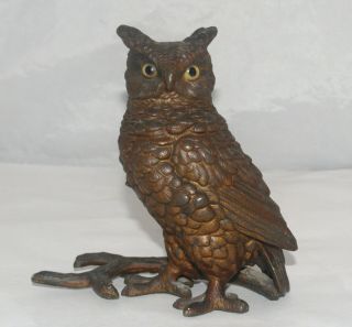 Antique Cast Metal Statue Figure Of A Glass Eyed Perched Owl
