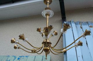 LARGE Antique French Chandelier 14arm Brass & Cut Glass 1920 ' s Hollywood Regency 8