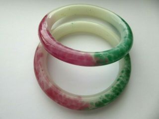 2 Antique Chinese Peking Glass Red & Green Sewing Basket Ring Bangle Bracelet 3