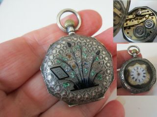 Antique Victorian Art Nouveau Sterling Silver Pocket Watch Enamel Fob Pendant Uk