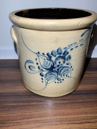Antique 4 Gallon Stoneware Crock Cobalt Flower Decoration