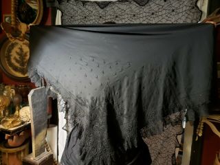 Antique Embroidered Shawl Black/black Flowers Victorian Lace Mourning