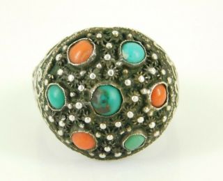 Vintage / Antique Silver Chinese Export Turquoise & Coral Ring Adjustable Size