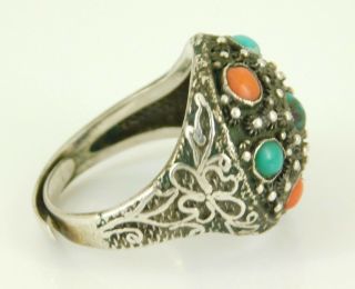 Vintage / Antique Silver Chinese Export Turquoise & Coral Ring Adjustable Size 2