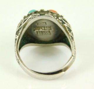 Vintage / Antique Silver Chinese Export Turquoise & Coral Ring Adjustable Size 3