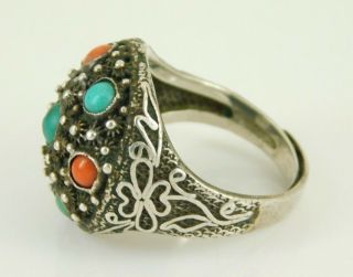 Vintage / Antique Silver Chinese Export Turquoise & Coral Ring Adjustable Size 4