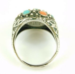 Vintage / Antique Silver Chinese Export Turquoise & Coral Ring Adjustable Size 6