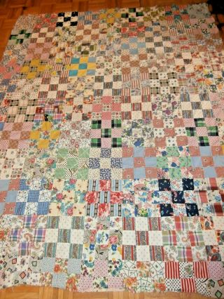 Antique,  Vintage Postage Stamp 9 Patch Pattern Quilt Top 67 " X 80 " Pretty Fabric