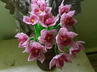 Antique vintage French set of 3 hand done seed bead Flowers in 2 colors of PINK 2