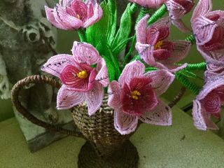 Antique vintage French set of 3 hand done seed bead Flowers in 2 colors of PINK 4