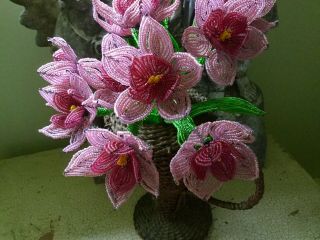 Antique vintage French set of 3 hand done seed bead Flowers in 2 colors of PINK 5