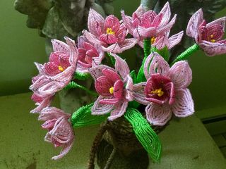 Antique vintage French set of 3 hand done seed bead Flowers in 2 colors of PINK 6