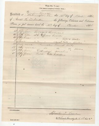 1864 Civil War Document,  Issue Of Savage Pistols,  Swords & Other Equipment