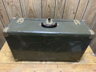 Vintage Retro Green Metal Luggage Trunk Suticase Brass Gold Steamer Old Travel