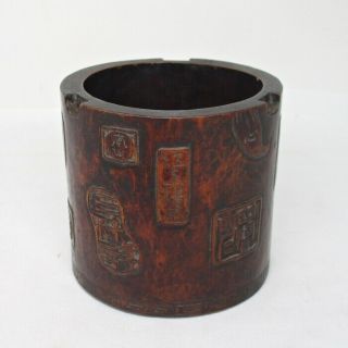 G071: Chinese Bamboo Carving Ware Brush Pot With Good Pattern Of Many Stamps