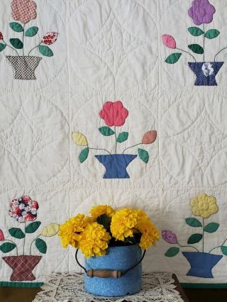 Adorable C1930s Vintage Applique Flower Vase Baby Crib Or Wall Quilt 59x56