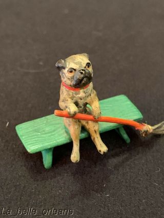 ANTIQUE AUSTRIAN COLD PAINTED VIENNA BRONZE PUG SEATING ON BENCH WITH BROOM. 2